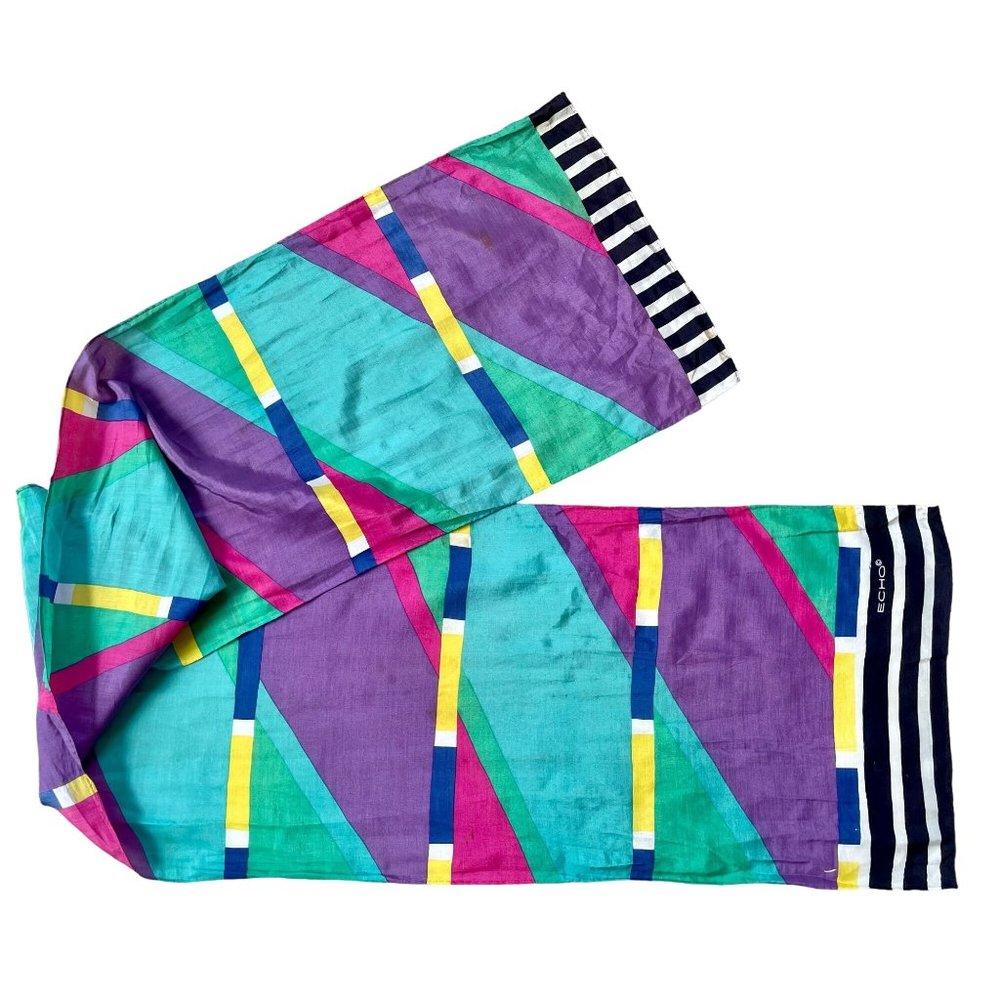 Vintage Scarf by Echo Geometric MOD in Green Purple Yellow Midcentury Pattern.